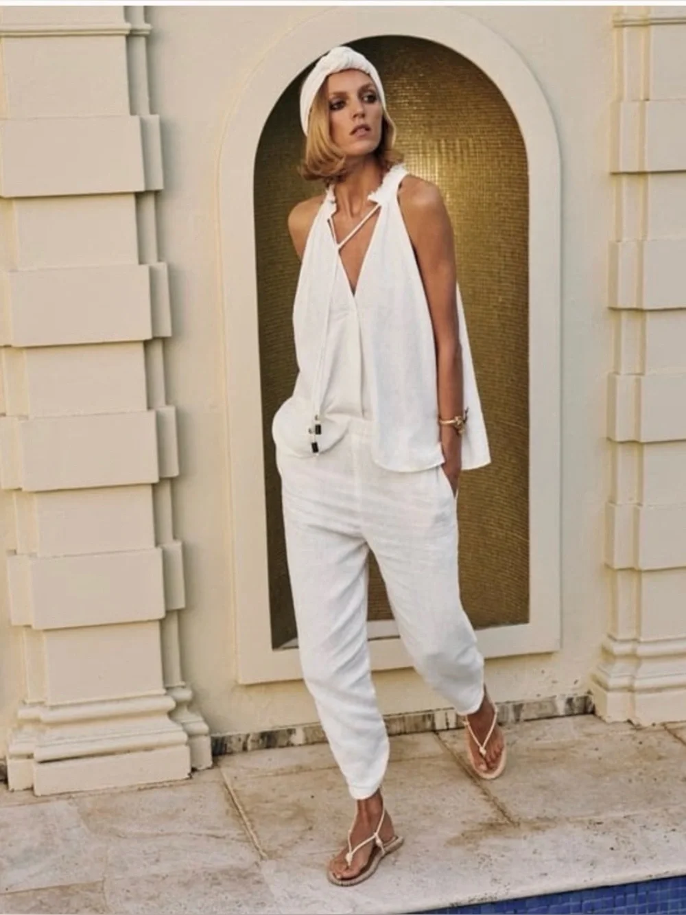 Zara FRAYED LINEN TOP & LINEN PANTS SET SZ M